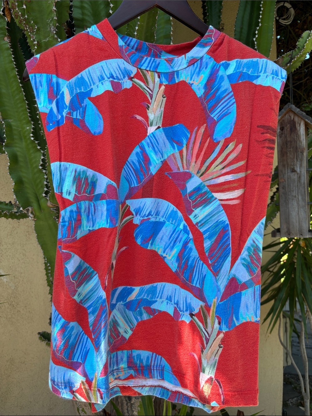 FARM Rio Red Tank Top with Blue Tropical Print